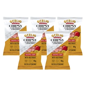 OCELIO Chipsy Bezglutenowe z Ciecierzycy z Buraczkiem 50g (ZESTAW 5szt.) 